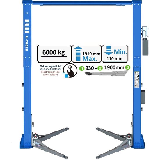 Divkolonnu pacēlājs ar brīvu grīdu un elektromagnētisko atbloķēšanu 6t